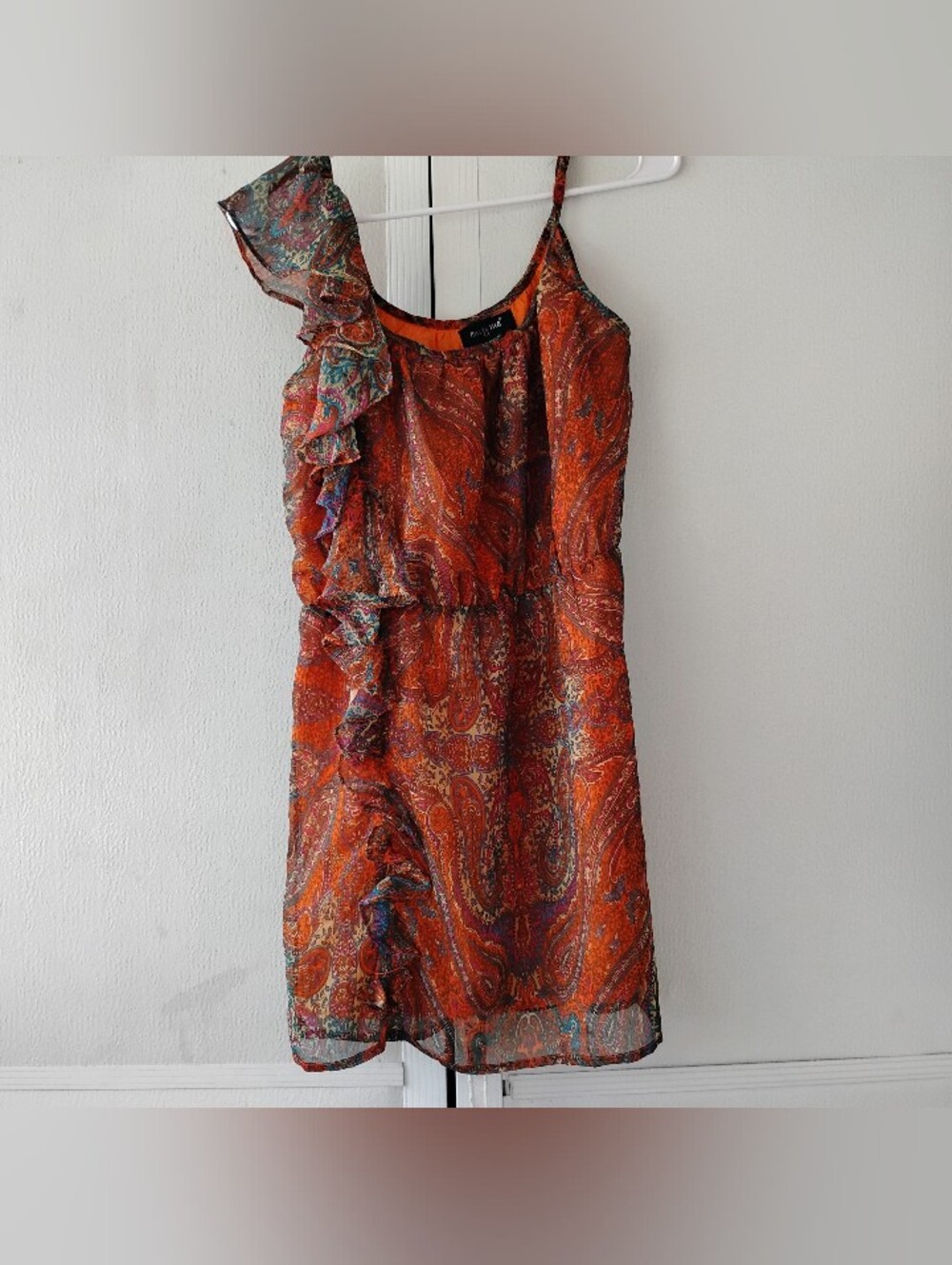 Envy Me Ruffled Paisley One-Shoulder Dress in Burnt Orange